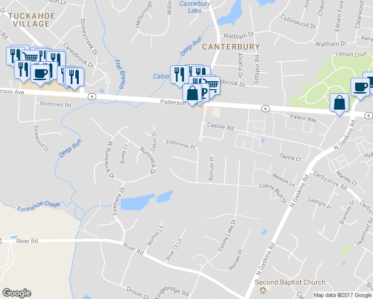 map of restaurants, bars, coffee shops, grocery stores, and more near 9909 Eildonway Place in Richmond