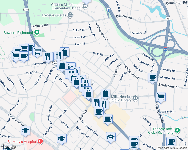 map of restaurants, bars, coffee shops, grocery stores, and more near 5621 Indigo Road in Richmond