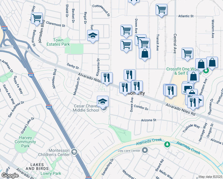 map of restaurants, bars, coffee shops, grocery stores, and more near 2610 Hop Ranch Road in Union City