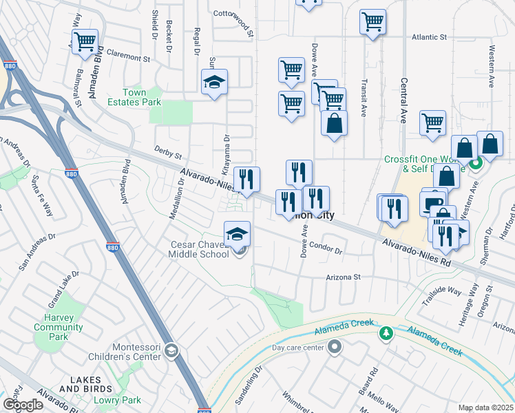 map of restaurants, bars, coffee shops, grocery stores, and more near 2610 Hop Ranch Road in Union City
