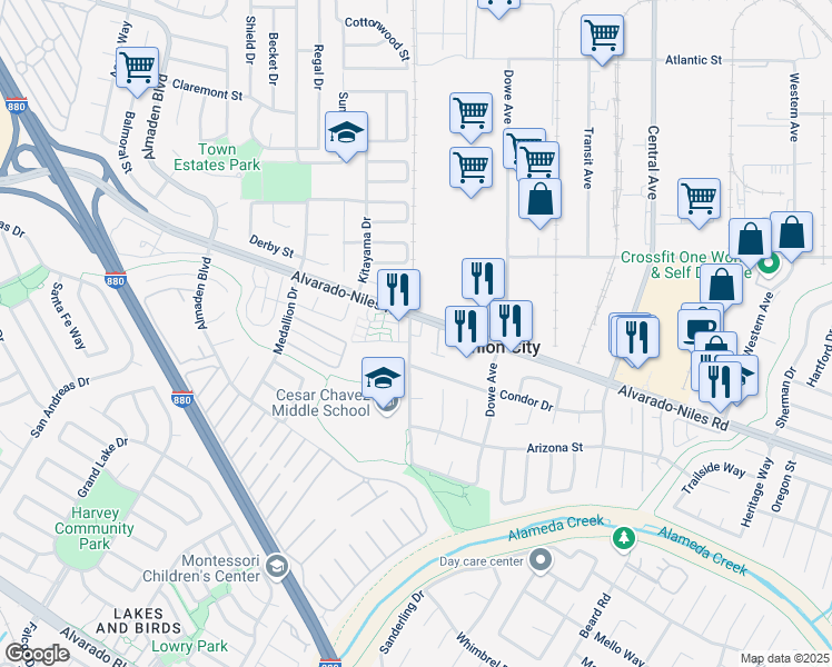 map of restaurants, bars, coffee shops, grocery stores, and more near 2610 Hop Ranch Road in Union City