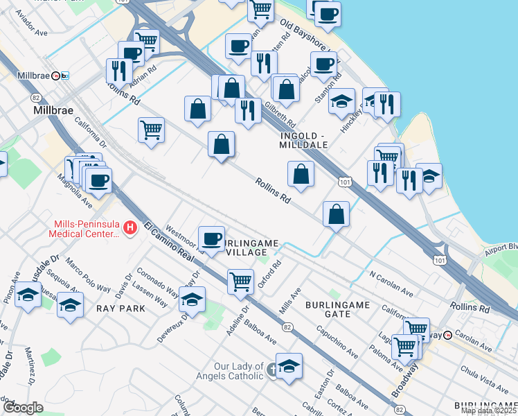 map of restaurants, bars, coffee shops, grocery stores, and more near 1635 Rollins Road in Burlingame