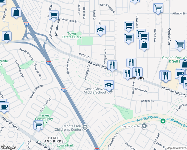 map of restaurants, bars, coffee shops, grocery stores, and more near 32632 Brenda Way in Union City