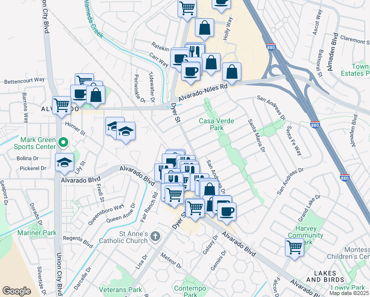 map of restaurants, bars, coffee shops, grocery stores, and more near 3312 San Marco Court in Union City
