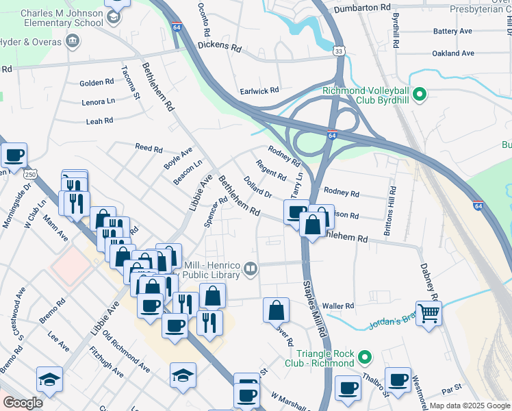 map of restaurants, bars, coffee shops, grocery stores, and more near 4926 Bethlehem Road in Richmond