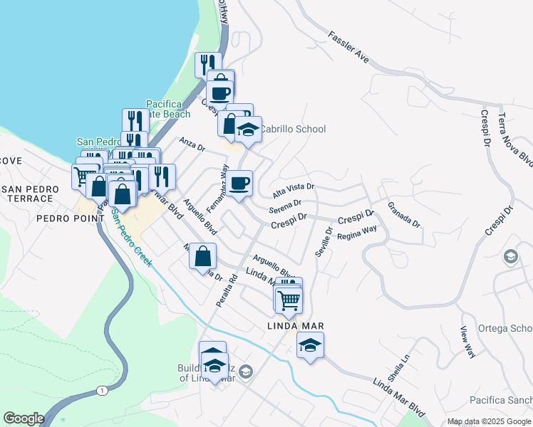 map of restaurants, bars, coffee shops, grocery stores, and more near 768 Alta Vista Drive in Pacifica