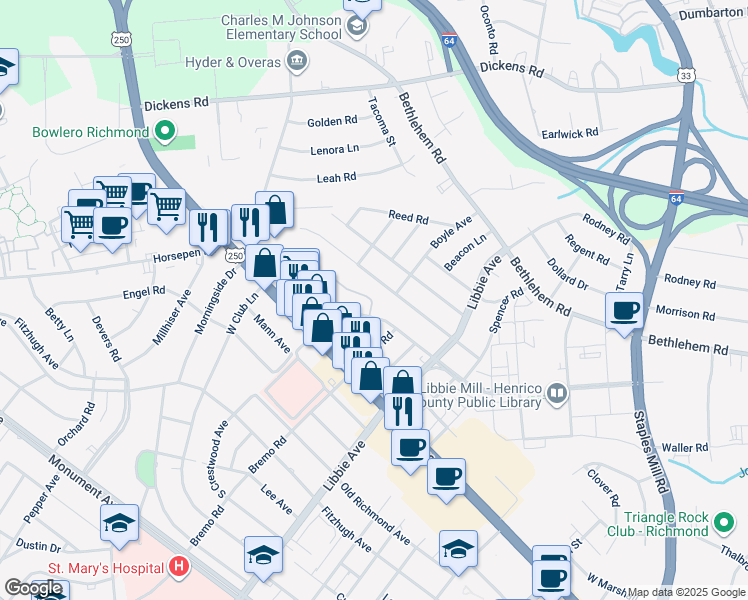 map of restaurants, bars, coffee shops, grocery stores, and more near 5811 Indigo Road in Richmond