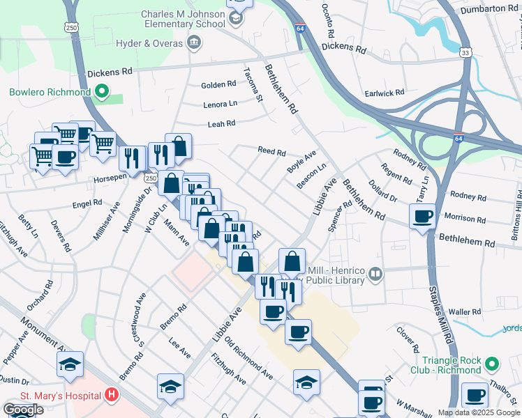 map of restaurants, bars, coffee shops, grocery stores, and more near 5621 Indigo Road in Richmond