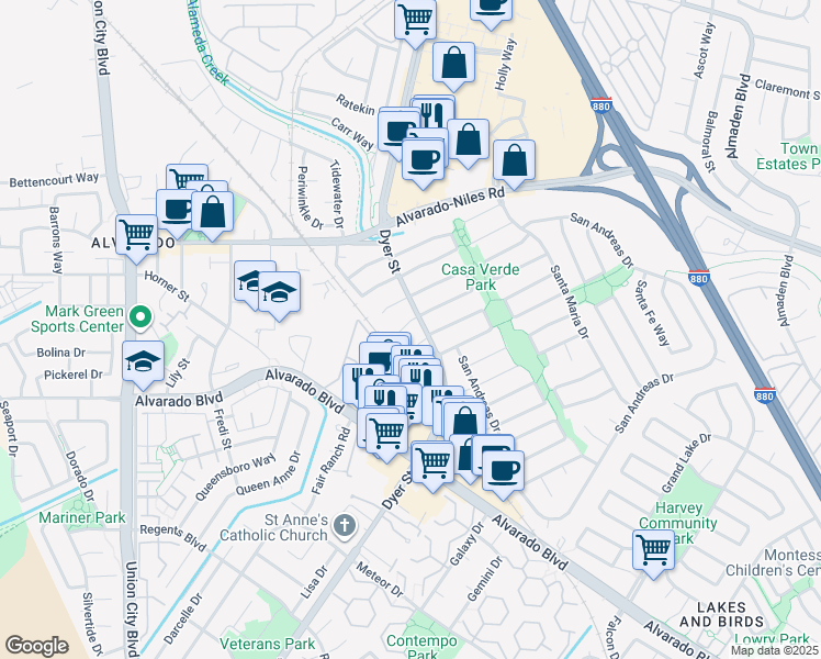 map of restaurants, bars, coffee shops, grocery stores, and more near 3312 San Marco Court in Union City