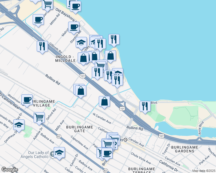 map of restaurants, bars, coffee shops, grocery stores, and more near 1333 Old Bayshore Highway in Burlingame