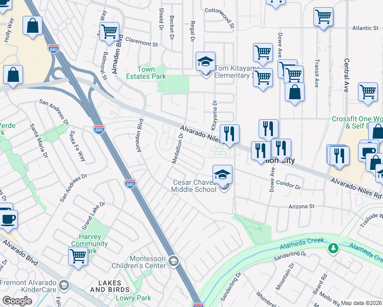 map of restaurants, bars, coffee shops, grocery stores, and more near 32632 Brenda Way in Union City