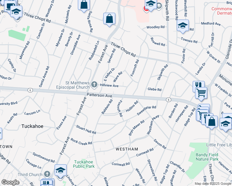 map of restaurants, bars, coffee shops, grocery stores, and more near 7708 Patterson Avenue in Richmond