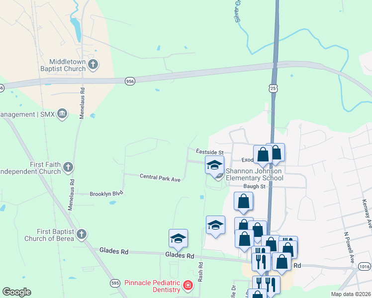 map of restaurants, bars, coffee shops, grocery stores, and more near 165 East Side Avenue in Berea