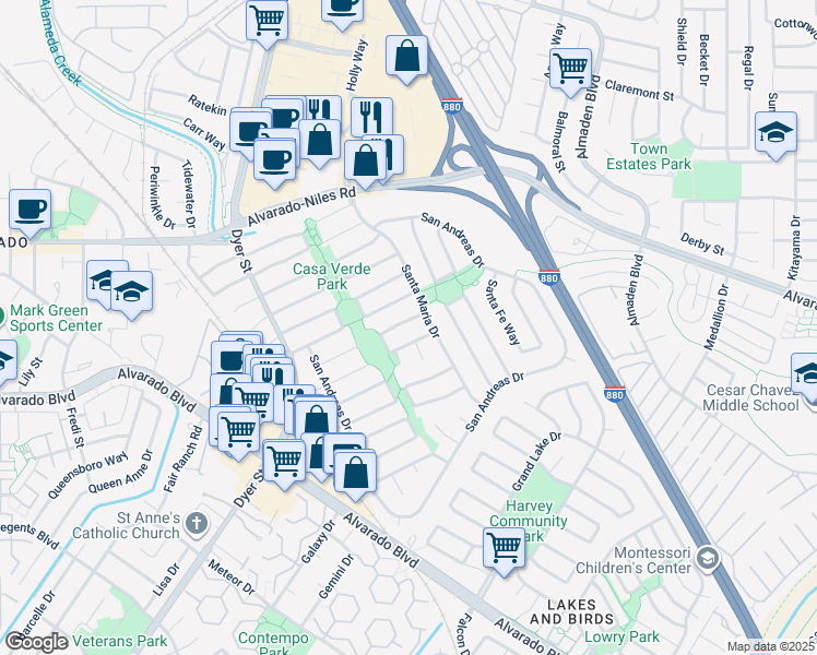 map of restaurants, bars, coffee shops, grocery stores, and more near 3156 San Joaquin Way in Union City