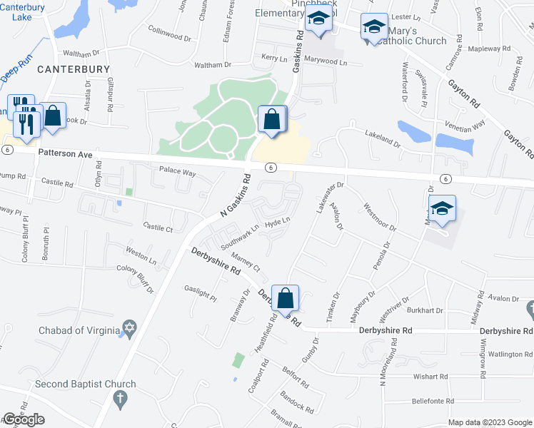 map of restaurants, bars, coffee shops, grocery stores, and more near 1217 Tilbury Lane in Richmond