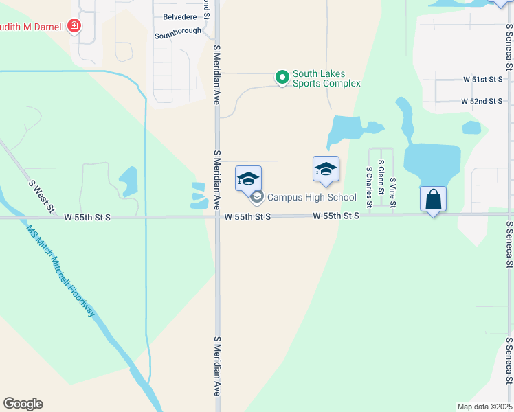 map of restaurants, bars, coffee shops, grocery stores, and more near 2100 West 55th Street South in Wichita