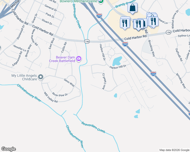 map of restaurants, bars, coffee shops, grocery stores, and more near 7288 Bruce Academy Lane in Mechanicsville