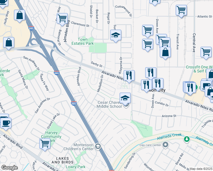 map of restaurants, bars, coffee shops, grocery stores, and more near 32634 Kenita Way in Union City