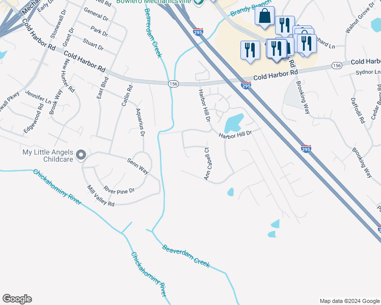 map of restaurants, bars, coffee shops, grocery stores, and more near 7090 Bruce Academy Court in Mechanicsville