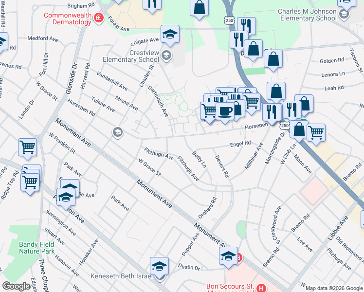 map of restaurants, bars, coffee shops, grocery stores, and more near 6607 Horsepen Road in Richmond