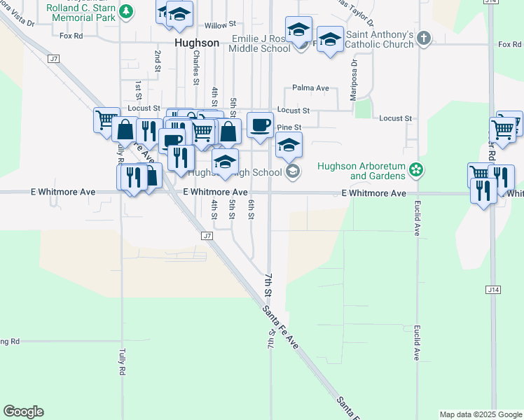 map of restaurants, bars, coffee shops, grocery stores, and more near in Hughson
