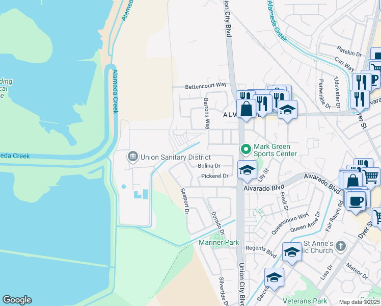 map of restaurants, bars, coffee shops, grocery stores, and more near 4371 Remora Drive in Union City