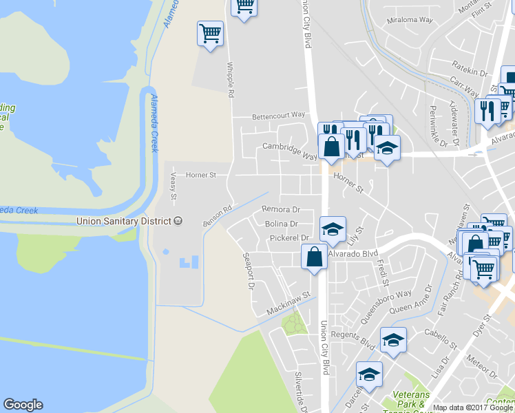 map of restaurants, bars, coffee shops, grocery stores, and more near 4371 Remora Drive in Union City