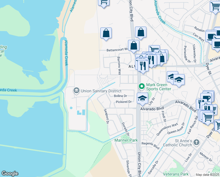 map of restaurants, bars, coffee shops, grocery stores, and more near 4371 Remora Drive in Union City