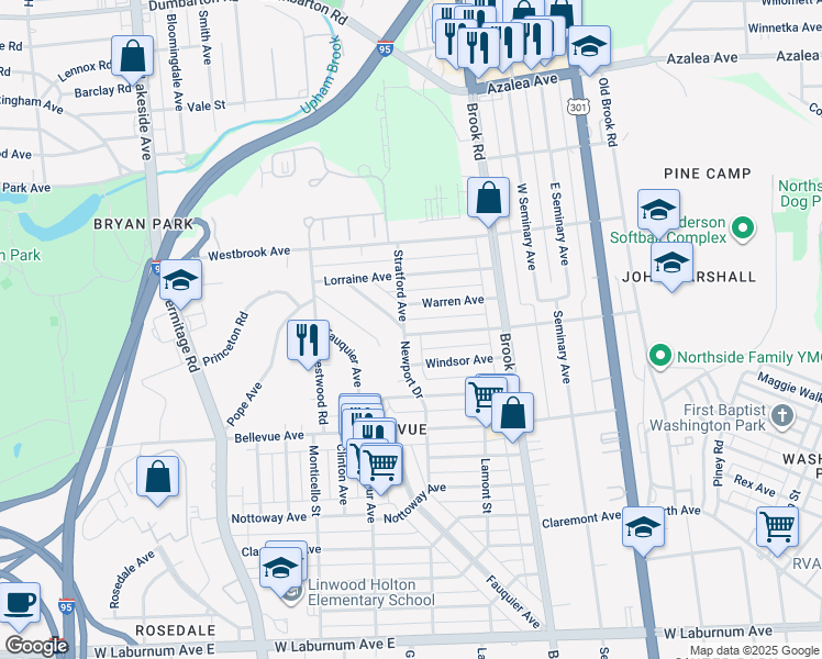 map of restaurants, bars, coffee shops, grocery stores, and more near 1240 Westminster Avenue in Richmond