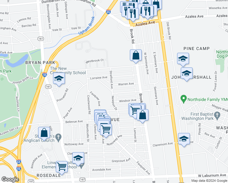 map of restaurants, bars, coffee shops, grocery stores, and more near 1240 Westminster Avenue in Richmond