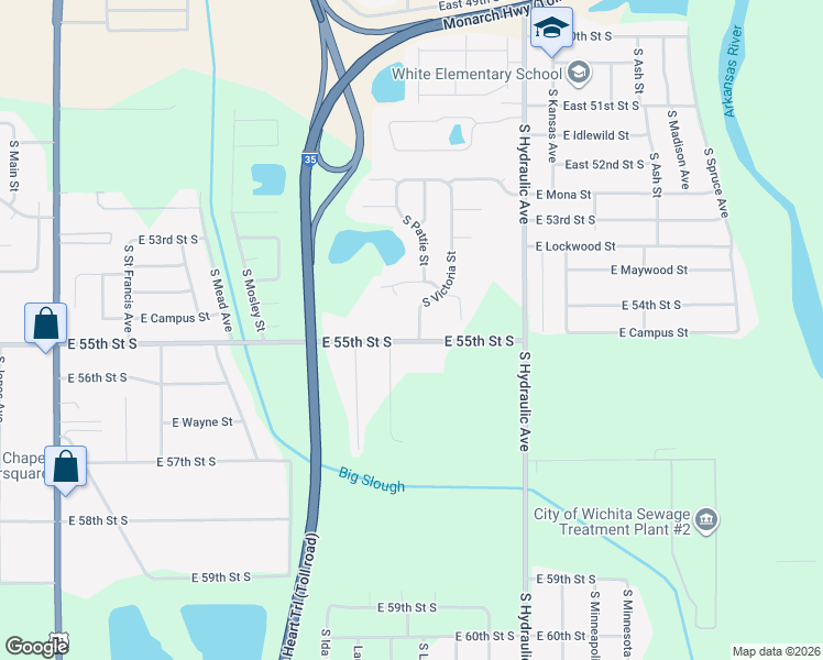 map of restaurants, bars, coffee shops, grocery stores, and more near 5537 South Victoria Street in Wichita