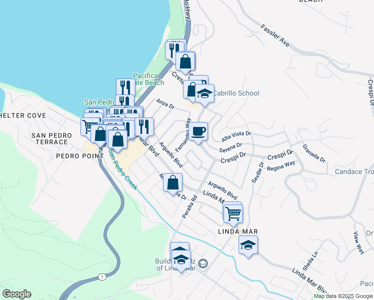 map of restaurants, bars, coffee shops, grocery stores, and more near 217 Marvilla Circle in Pacifica