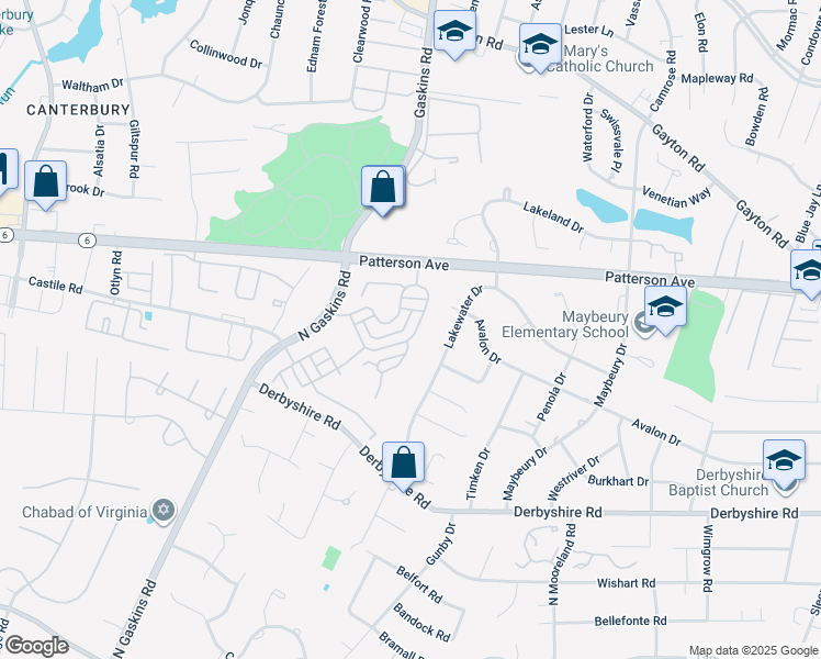 map of restaurants, bars, coffee shops, grocery stores, and more near 1202 Hyde Lane in Henrico