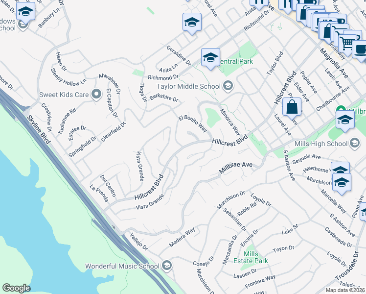 map of restaurants, bars, coffee shops, grocery stores, and more near Hillcrest Boulevard & El Bonito Way in Millbrae