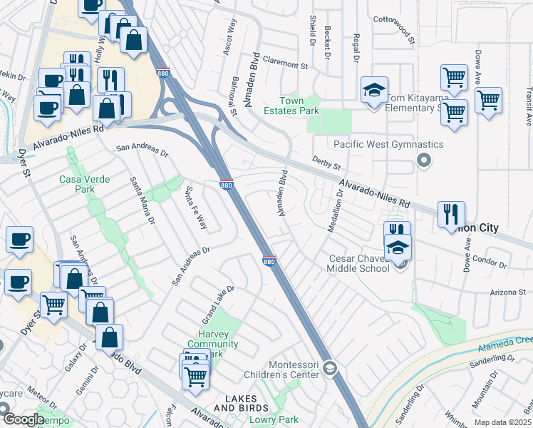 map of restaurants, bars, coffee shops, grocery stores, and more near 32100 Almaden Boulevard in Union City
