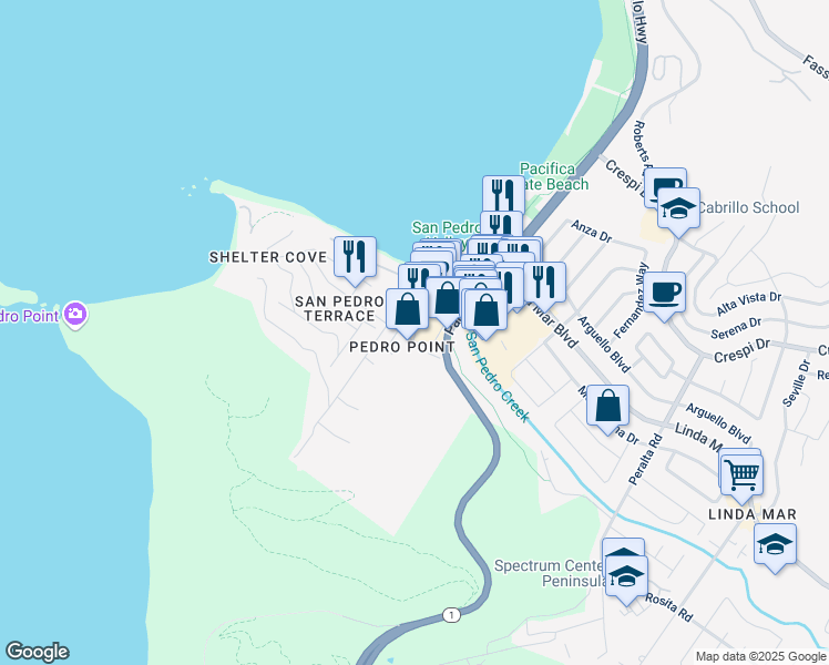 map of restaurants, bars, coffee shops, grocery stores, and more near 5550 California 1 in Pacifica