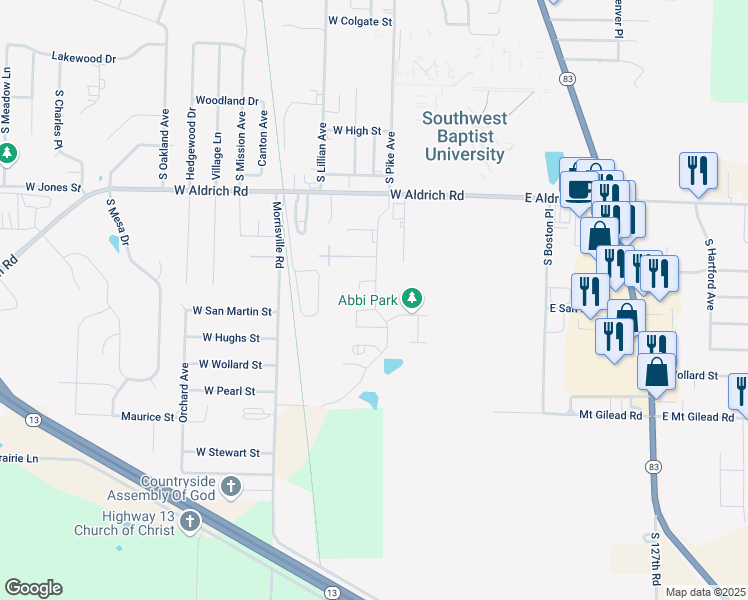map of restaurants, bars, coffee shops, grocery stores, and more near 332 Aspen Street in Bolivar