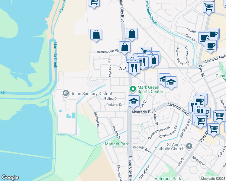 map of restaurants, bars, coffee shops, grocery stores, and more near 4289 Remora Drive in Union City