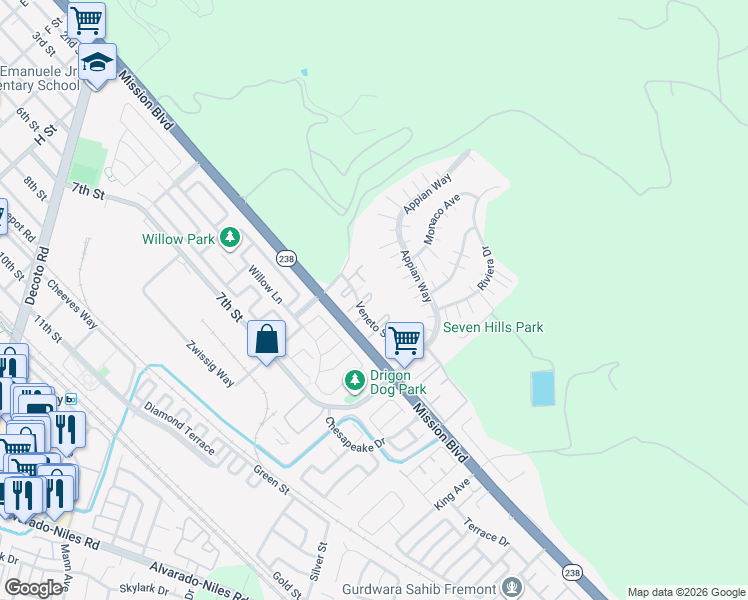 map of restaurants, bars, coffee shops, grocery stores, and more near 217 Famoso Plaza in Union City