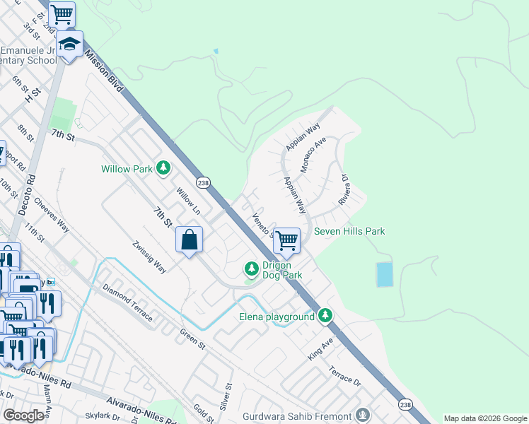 map of restaurants, bars, coffee shops, grocery stores, and more near 231 Famoso Plaza in Union City