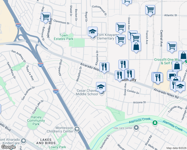 map of restaurants, bars, coffee shops, grocery stores, and more near 32663 Kenita Way in Union City