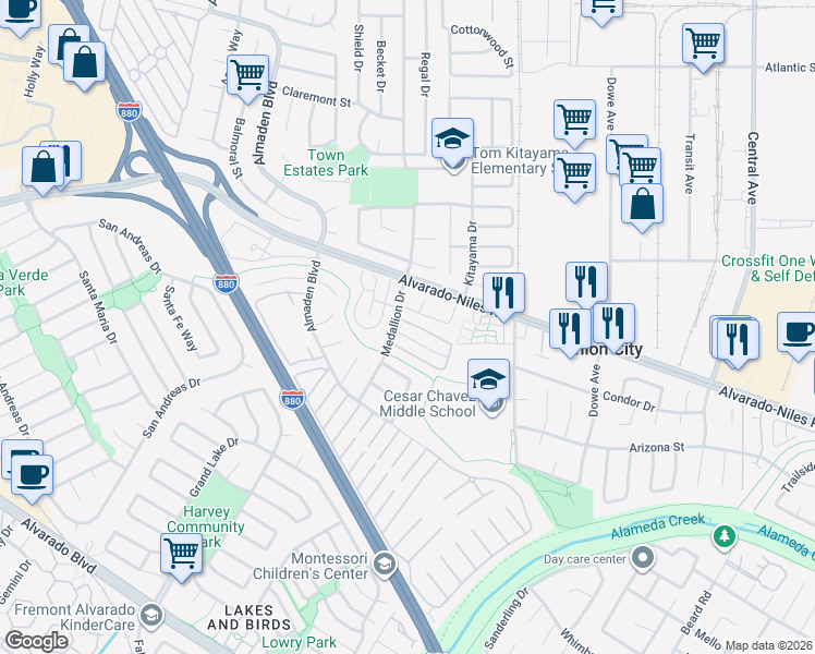 map of restaurants, bars, coffee shops, grocery stores, and more near 32608 Brenda Way in Union City