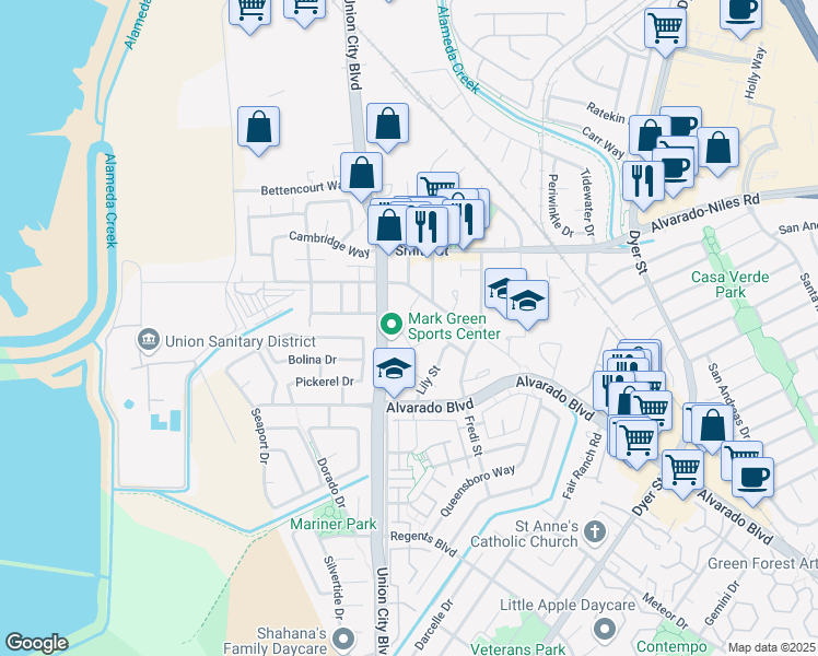map of restaurants, bars, coffee shops, grocery stores, and more near 31223 Kimberly Court in Union City