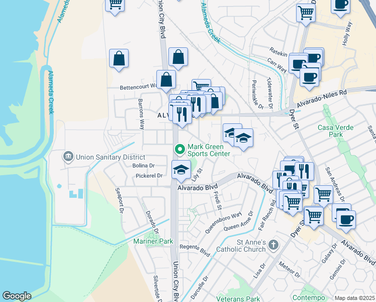 map of restaurants, bars, coffee shops, grocery stores, and more near 31223 Kimberly Court in Union City