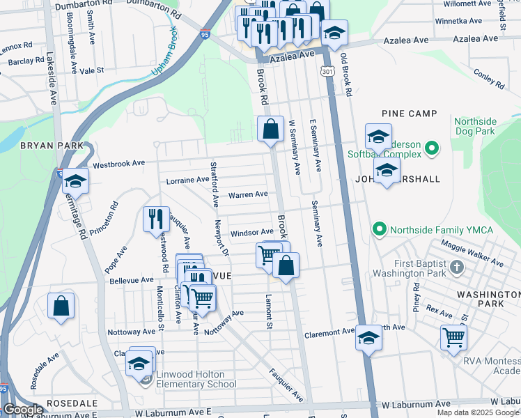 map of restaurants, bars, coffee shops, grocery stores, and more near 1212 Westminster Avenue in Richmond