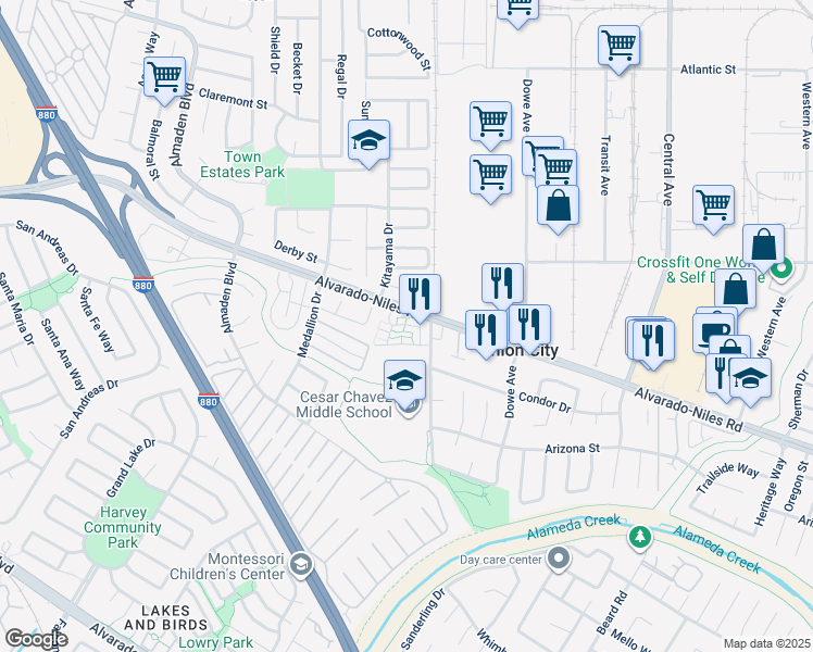 map of restaurants, bars, coffee shops, grocery stores, and more near 2609 Great Arbor Way in Union City