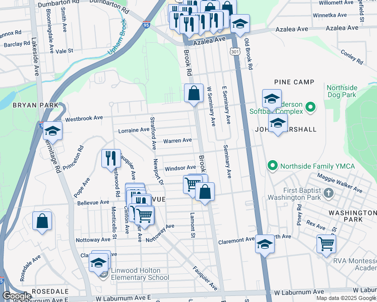 map of restaurants, bars, coffee shops, grocery stores, and more near 1210 Westminster Avenue in Richmond