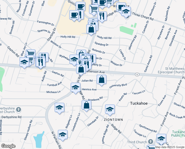 map of restaurants, bars, coffee shops, grocery stores, and more near 8539 Patterson Avenue in Richmond