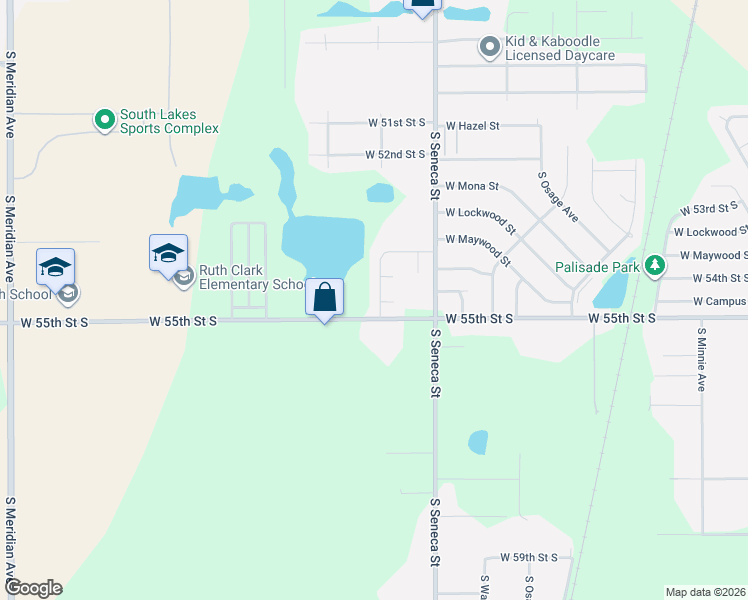 map of restaurants, bars, coffee shops, grocery stores, and more near 1304 West 55th Street South in Wichita
