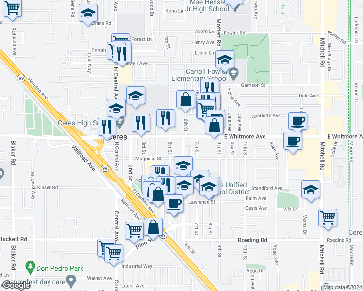 map of restaurants, bars, coffee shops, grocery stores, and more near 2531 6th Street in Ceres